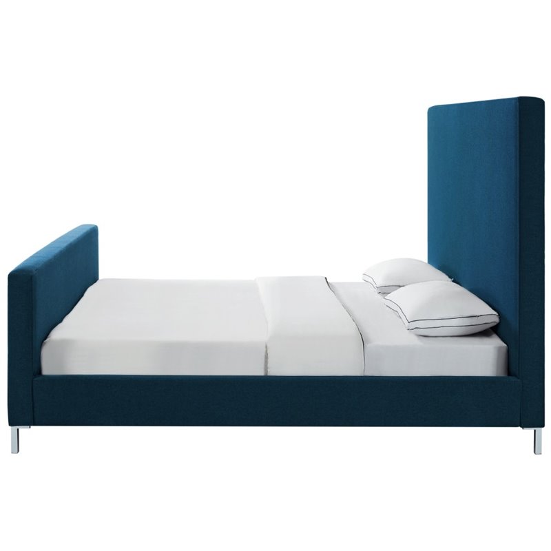 Posh Living Alex Linen Fabric Upholstered Platform King Bed Frame in Blue