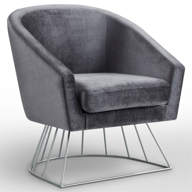 Leo Grey Velvet Accent Chair - Silver Metal Base - Barrel ...