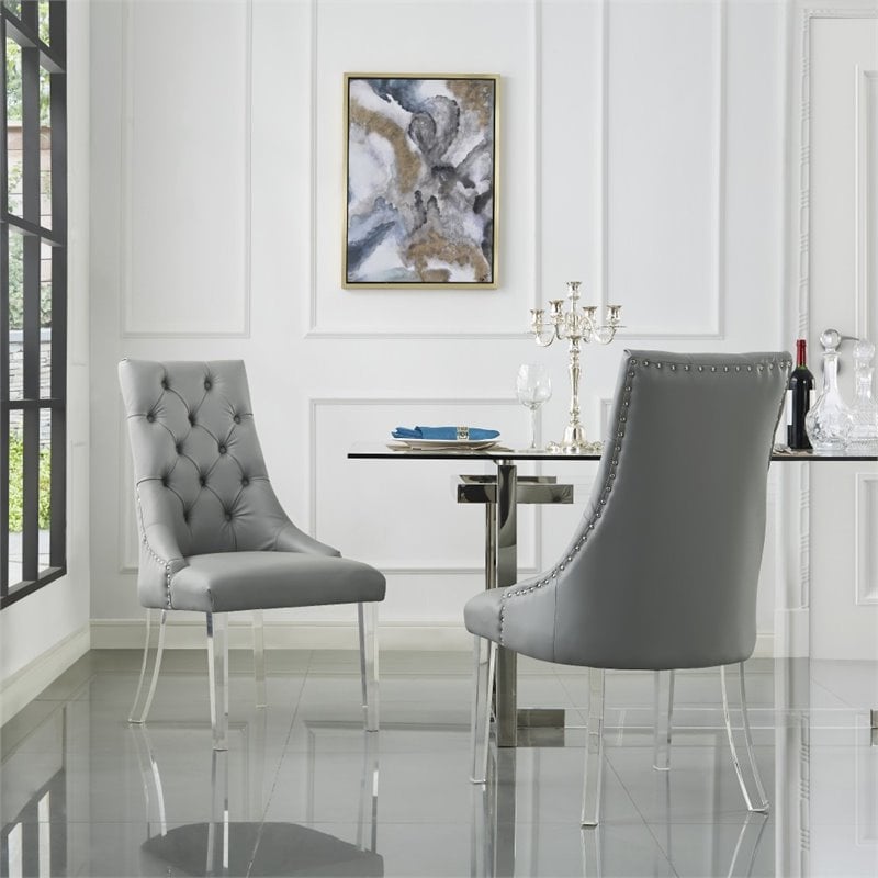 Posh Living Colton PU Leather  Acrylic Leg Dining Chair in Gray (Set of 2)