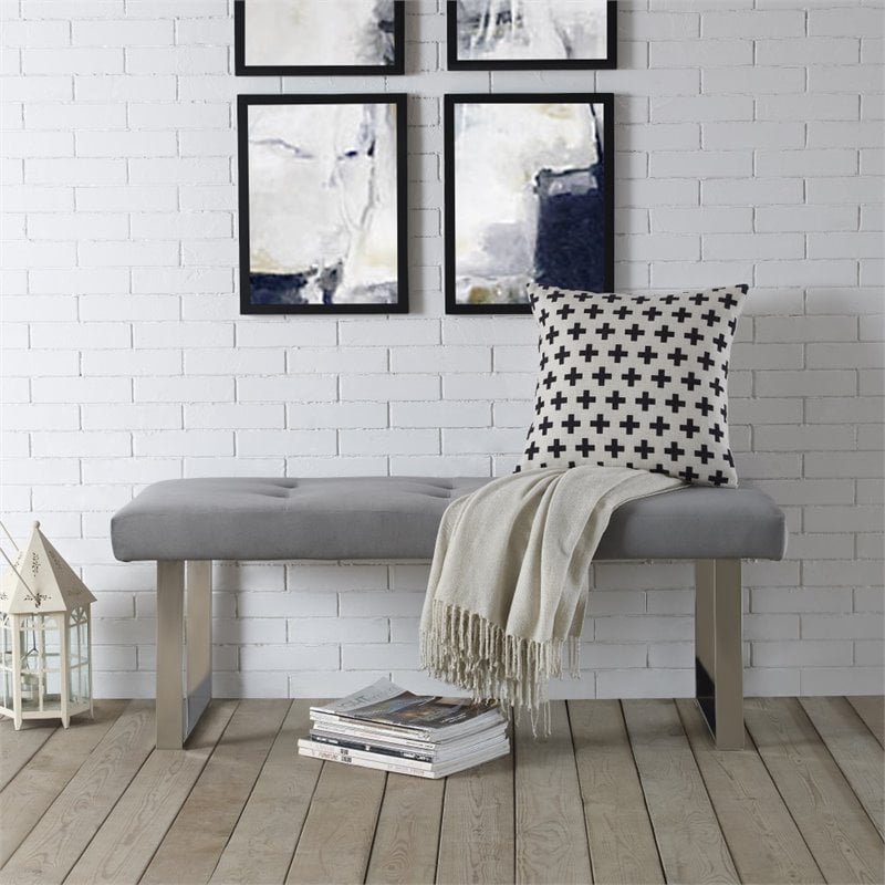 Posh Living Myles Tufted Velvet Bench with Stainless Steel Legs in Gray/Chrome