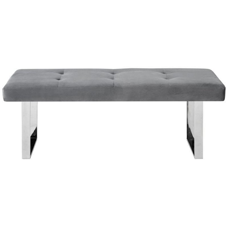 Posh Living Myles Tufted Velvet Bench with Stainless Steel Legs in Gray/Chrome