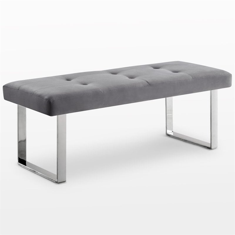 Posh Living Myles Tufted Velvet Bench with Stainless Steel Legs in Gray/Chrome
