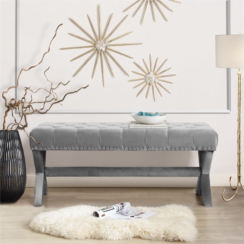 Posh Living Kennedy Tufted Velvet Bench with Nailhead Trim in Gray