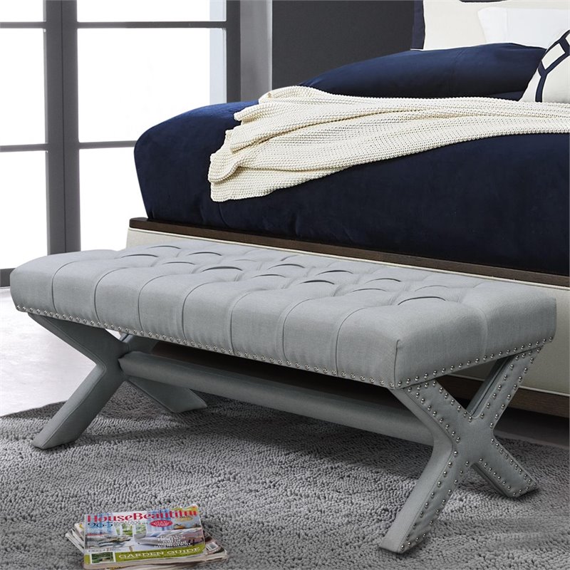 Posh Living Kennedy Tufted Linen Fabric Bench with Nailhead Trim in Light Gray