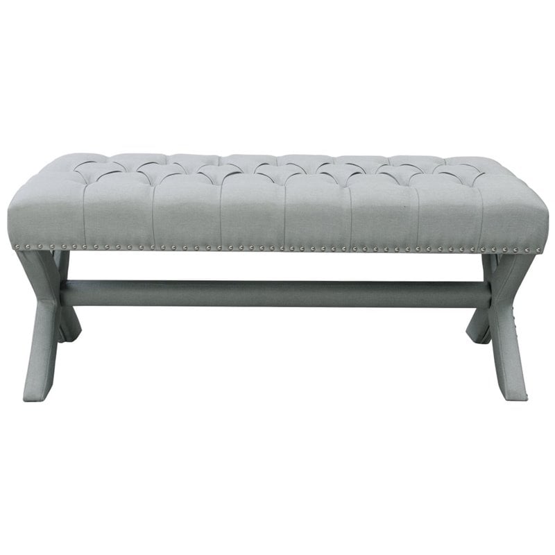 Kennedy Light Grey Linen Tufted Bench Silver Nailhead Legs Modern