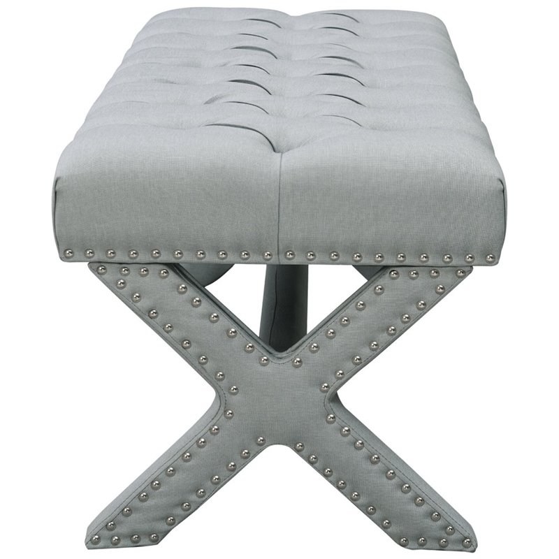 Posh Living Kennedy Tufted Linen Fabric Bench with Nailhead Trim in Light Gray