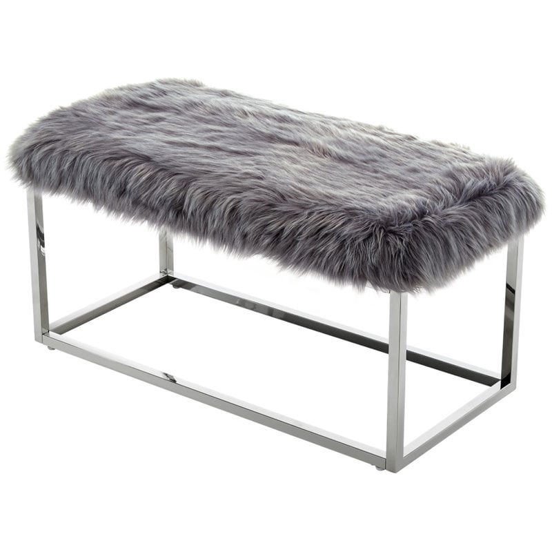 Posh Living Joseph Faux Fur Fabric Bench in Gray/Chrome