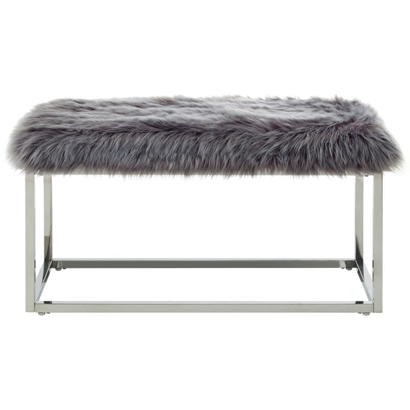 Posh Living Joseph Faux Fur Fabric Bench in Gray/Chrome