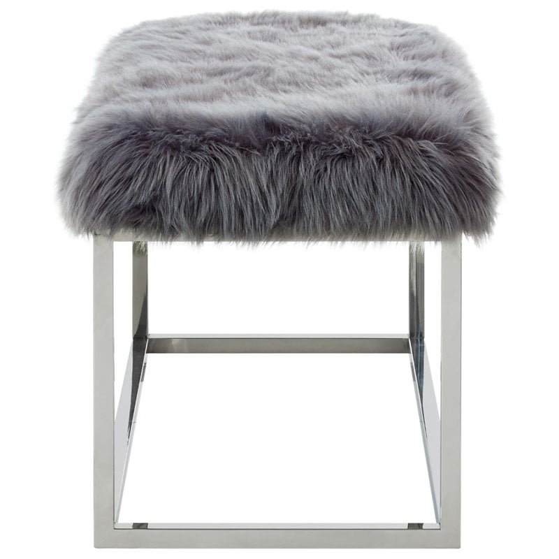 Posh Living Joseph Faux Fur Fabric Bench in Gray/Chrome