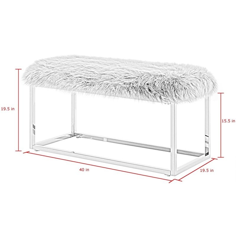 Posh Living Joseph Faux Fur Fabric Bench in Gray/Chrome