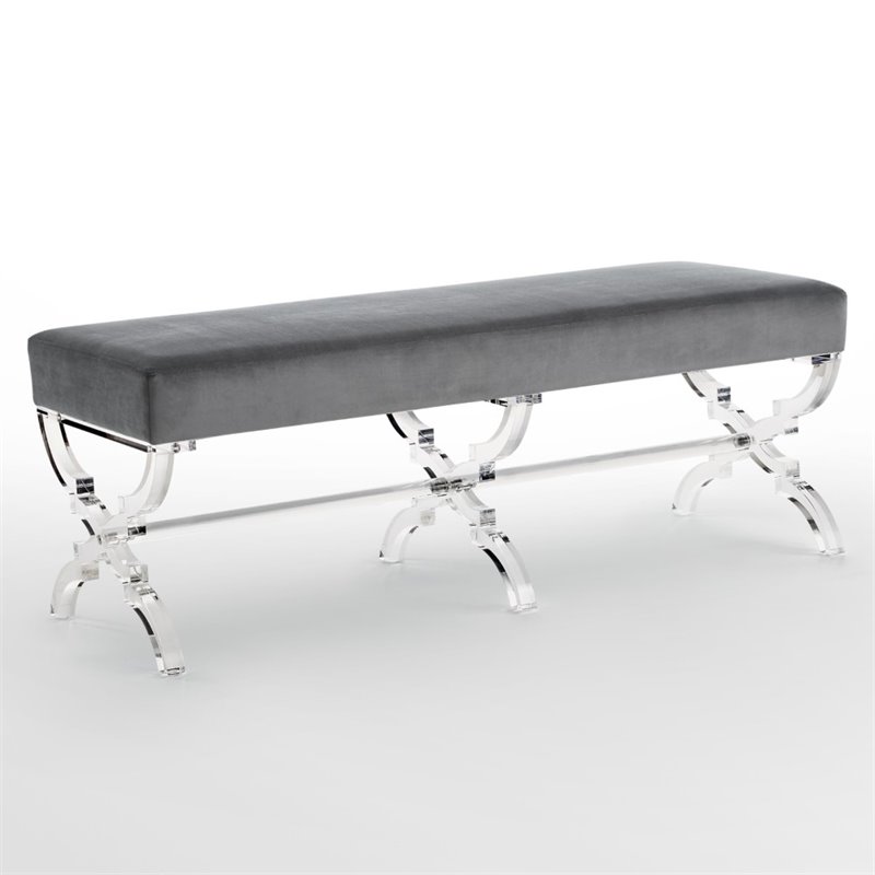 Posh Living Brayden Velvet Upholstered Bench with Acrylic X-Legs in Gray