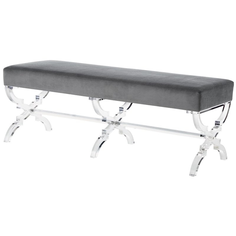 Posh Living Brayden Velvet Upholstered Bench with Acrylic X-Legs in Gray