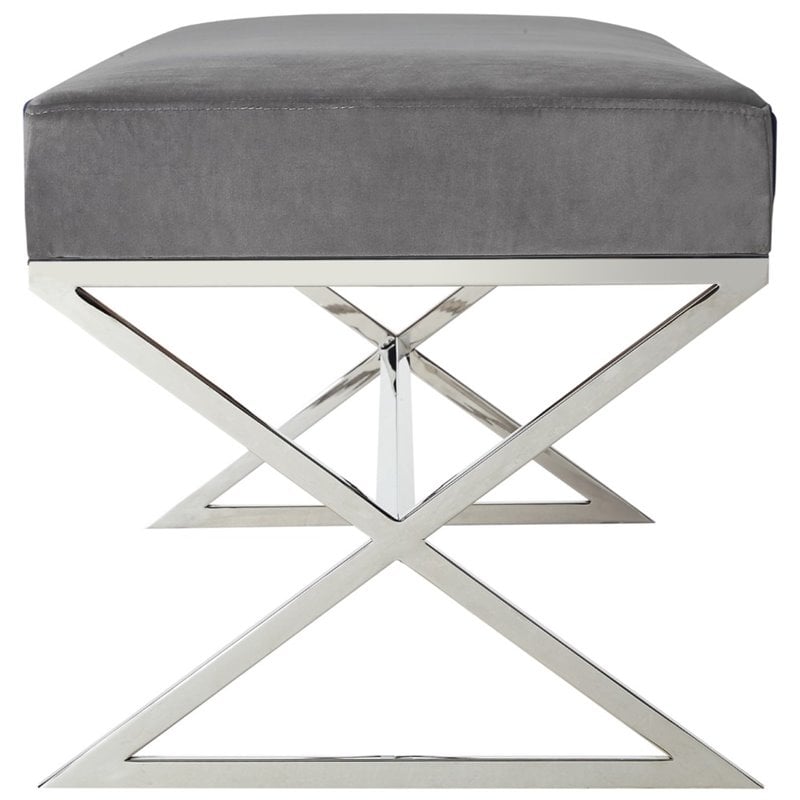 Posh Living Colin Velvet Upholstered Bench with Stainless Steel Legs Gray