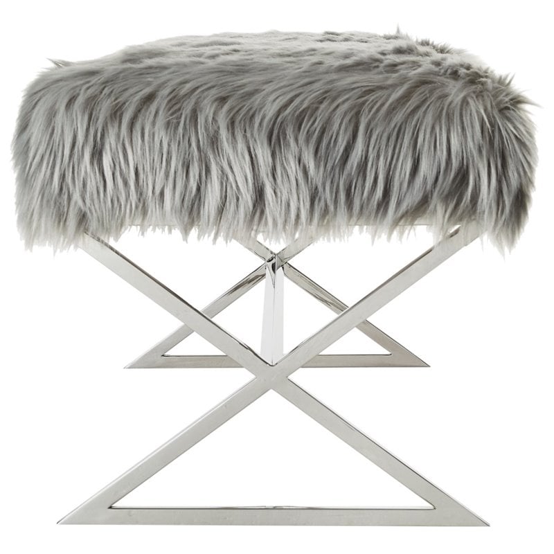 Posh Colin Fur Fabric Upholstered Bench with Stainless Steel Legs - Gray/Chrome