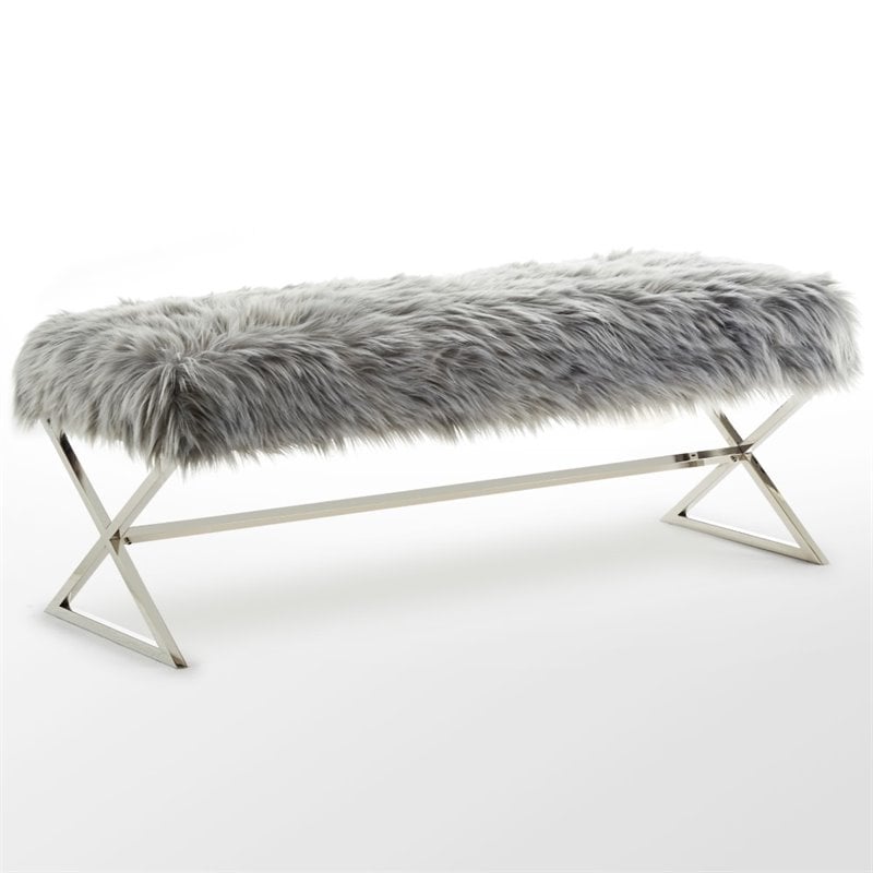 Posh Colin Fur Fabric Upholstered Bench with Stainless Steel Legs - Gray/Chrome