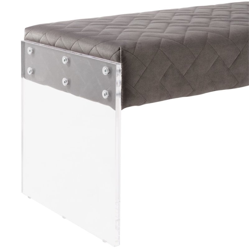 Posh Living Asher Velvet Upholstered Bench with Clear Acrylic Sides in Gray