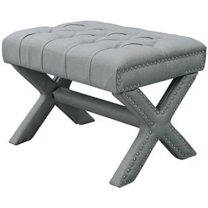 Posh Living Hazel Linen Fabric X-Base Ottoman with Nailhead Trim in Light Gray