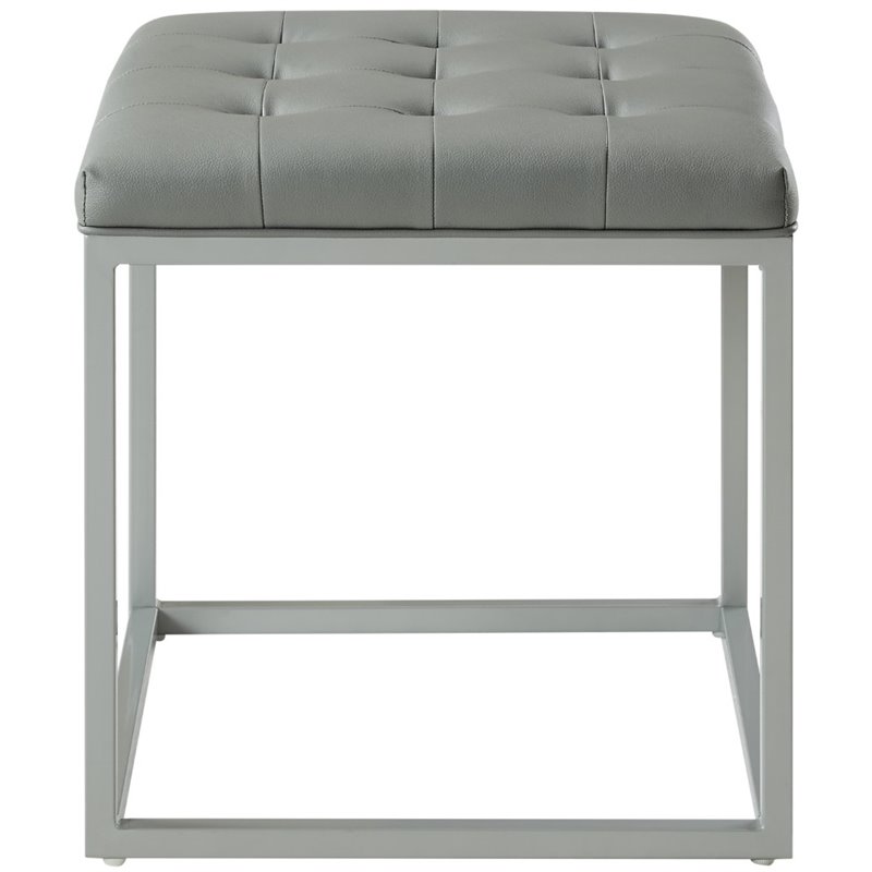 Posh Living Nolan Tufted Faux Leather Cube Ottoman with Metal Frame in Gray
