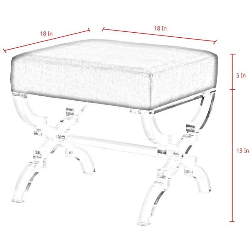 Posh Living Brayden Velvet Upholstered Ottoman with Acrylic X-Legs in Gray