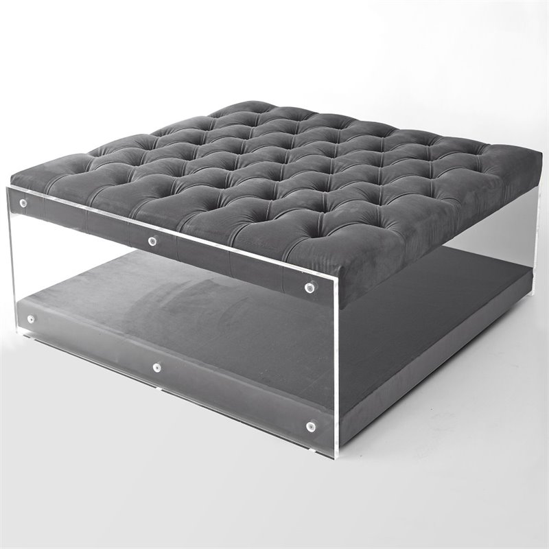 Posh Living Courtney Velvet Acrylic Ottoman with Nailhead in Gray