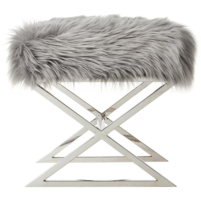 Posh Colin Faux Fur Fabric Ottoman with Stainless Steel X-Legs in Gray/Chrome