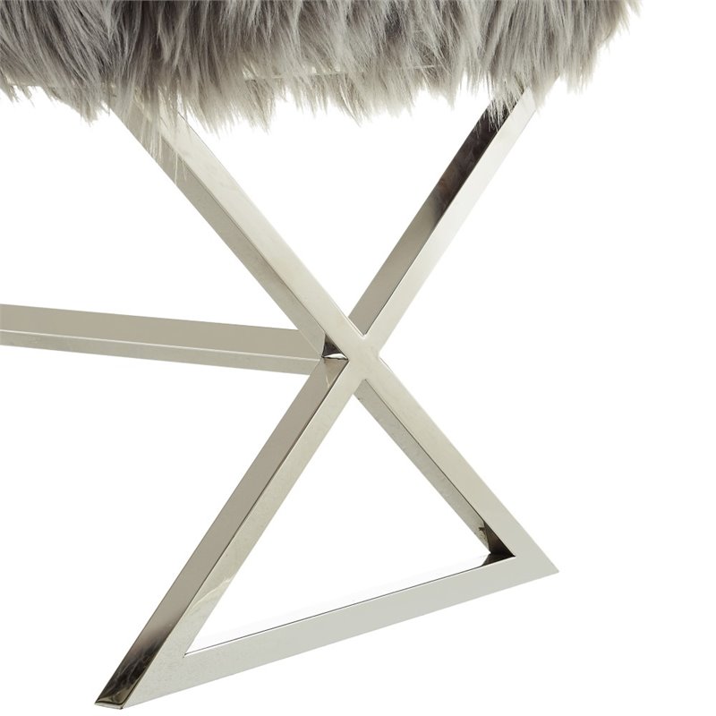 Posh Colin Faux Fur Fabric Ottoman with Stainless Steel X-Legs in Gray/Chrome