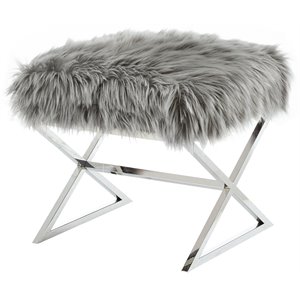 Posh Colin Faux Fur Fabric Ottoman with Stainless Steel X-Legs in Gray/Chrome