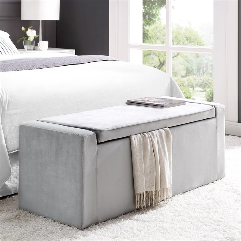 Posh Living Jake Velvet Upholstered Bench with Shoe Storage in Gray