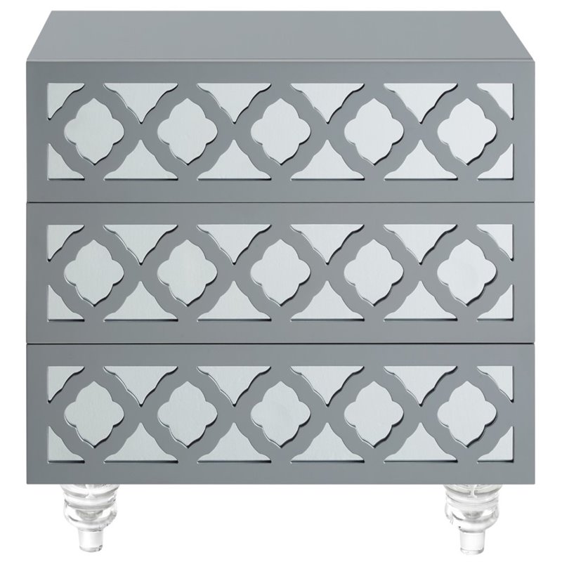 Posh Living Serenity 3-Drawer Mirrored Trellis Pattern Nightstand in Light Gray
