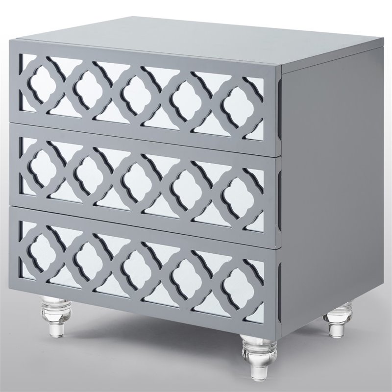 Posh Living Serenity 3-Drawer Mirrored Trellis Pattern Nightstand in Light Gray