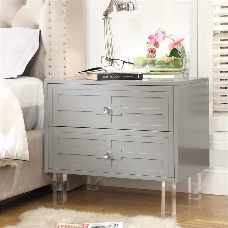 Posh Living Peyton Modern 2-Drawer Nightstand with Lucite Legs in Light Gray