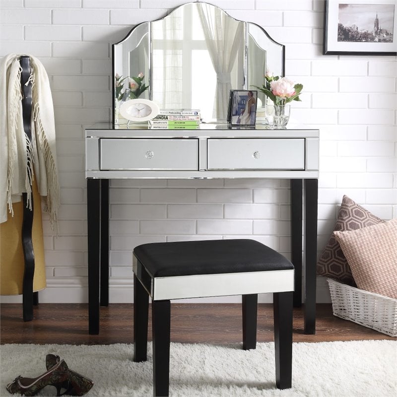 Caleb Mirrored Black Vanity Set 3 Piece Set Stool And Mirror