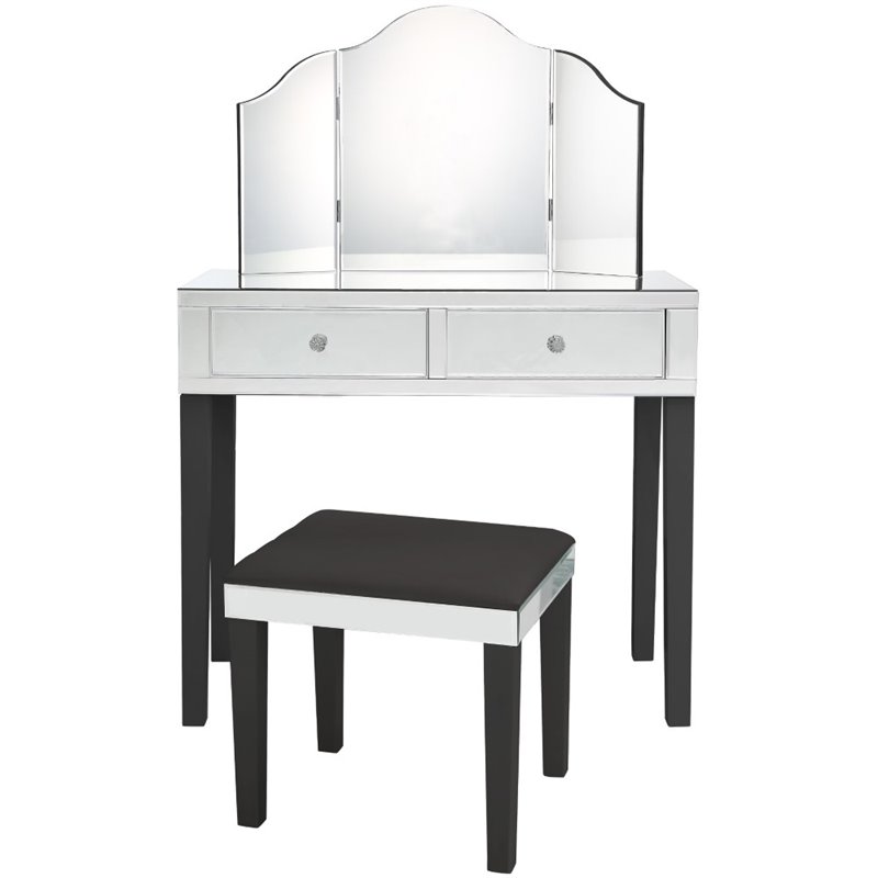 Posh Living Caleb 2-Drawer Bedroom Vanity Set with Stool and Mirror in Black
