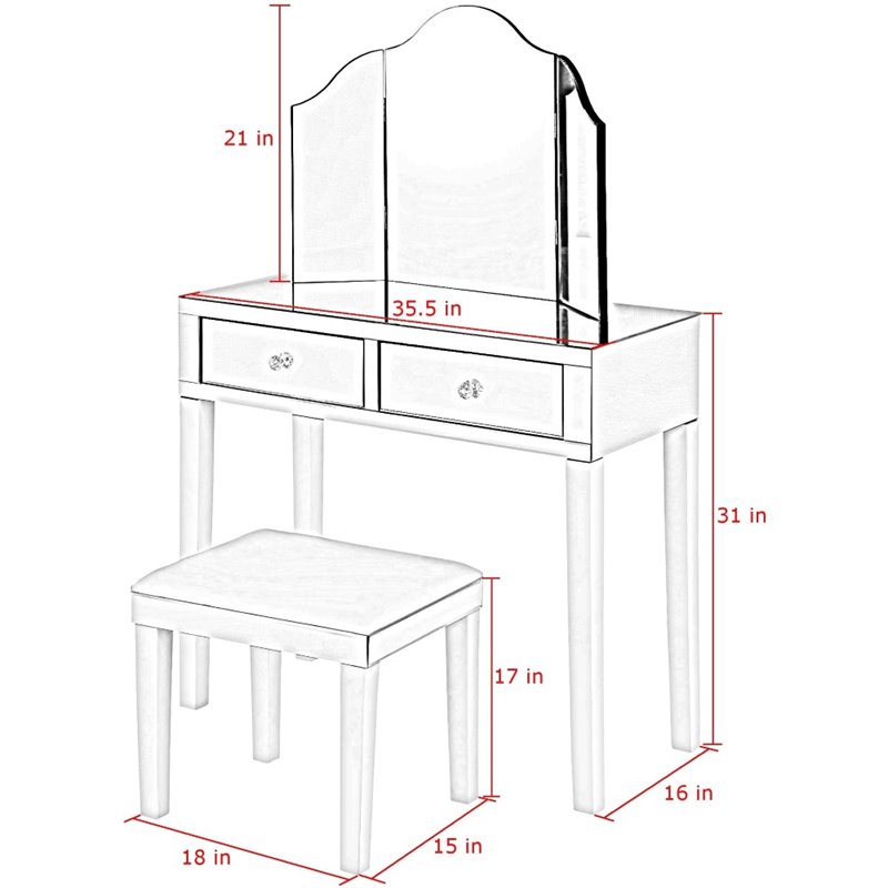 Posh Living Caleb 2-Drawer Bedroom Vanity Set with Stool and Mirror in Black
