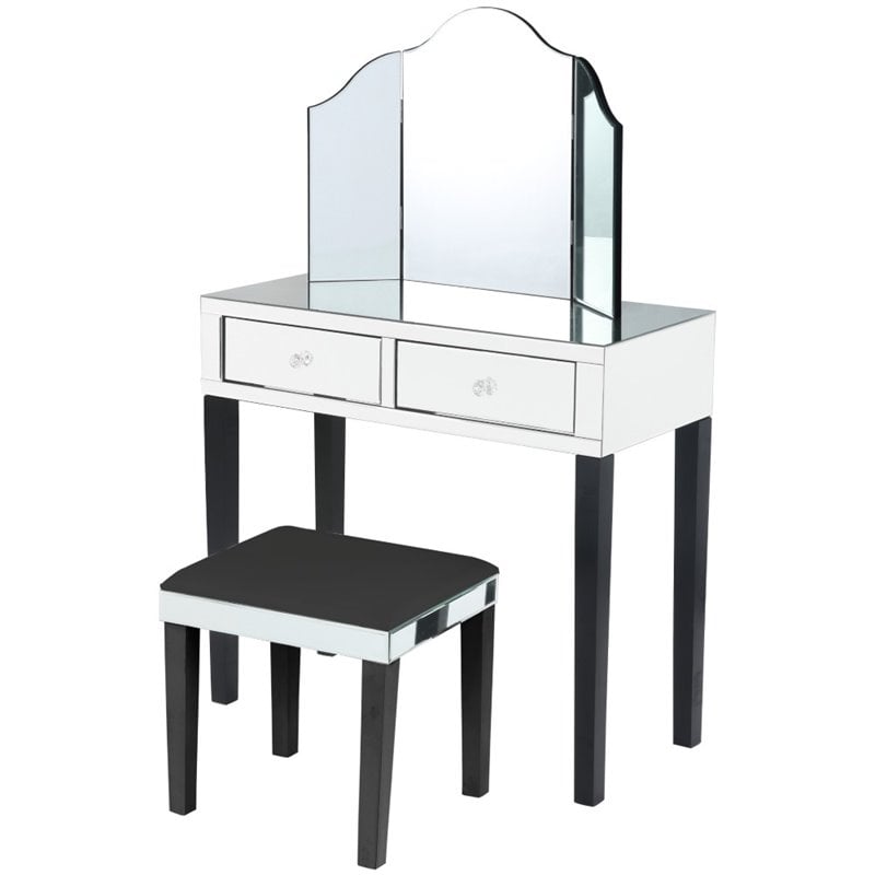 Posh Living Caleb 2 Drawer Bedroom Vanity Set With Stool And Mirror In Black Jf37 07bk K Cx