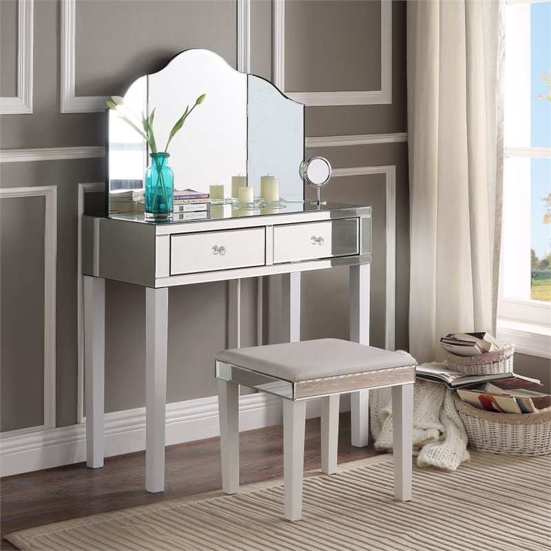 Posh Living Caleb 2-Drawer Bedroom Vanity Set with Stool and Mirror in White