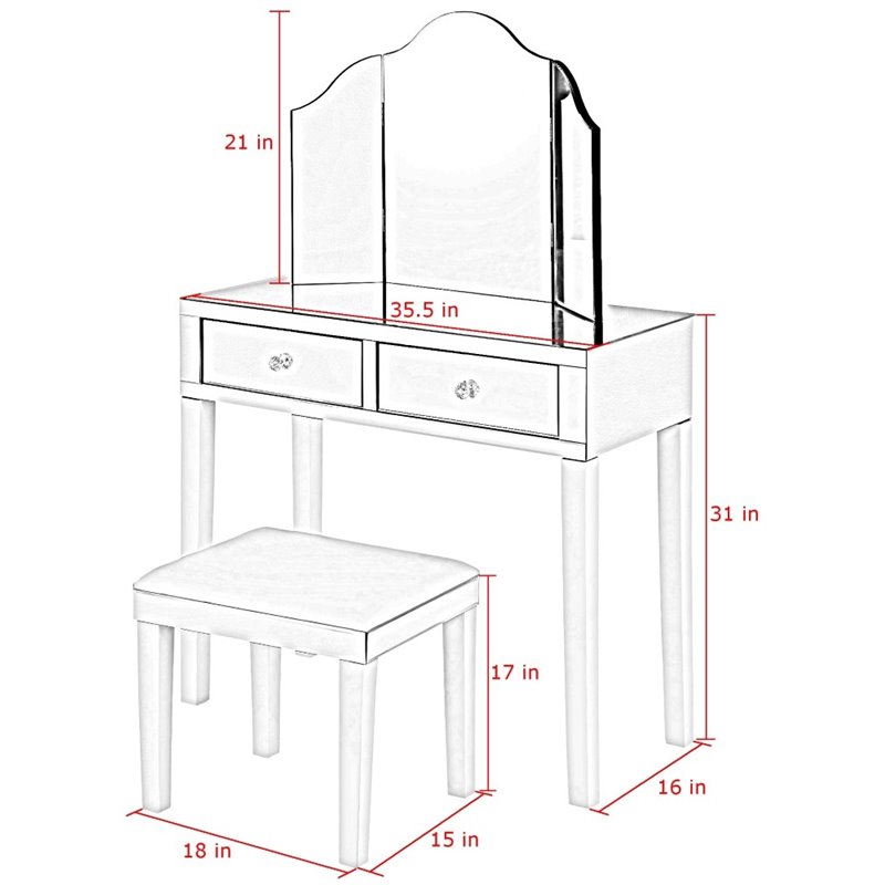 Posh Living Caleb 2-Drawer Bedroom Vanity Set with Stool and Mirror in White