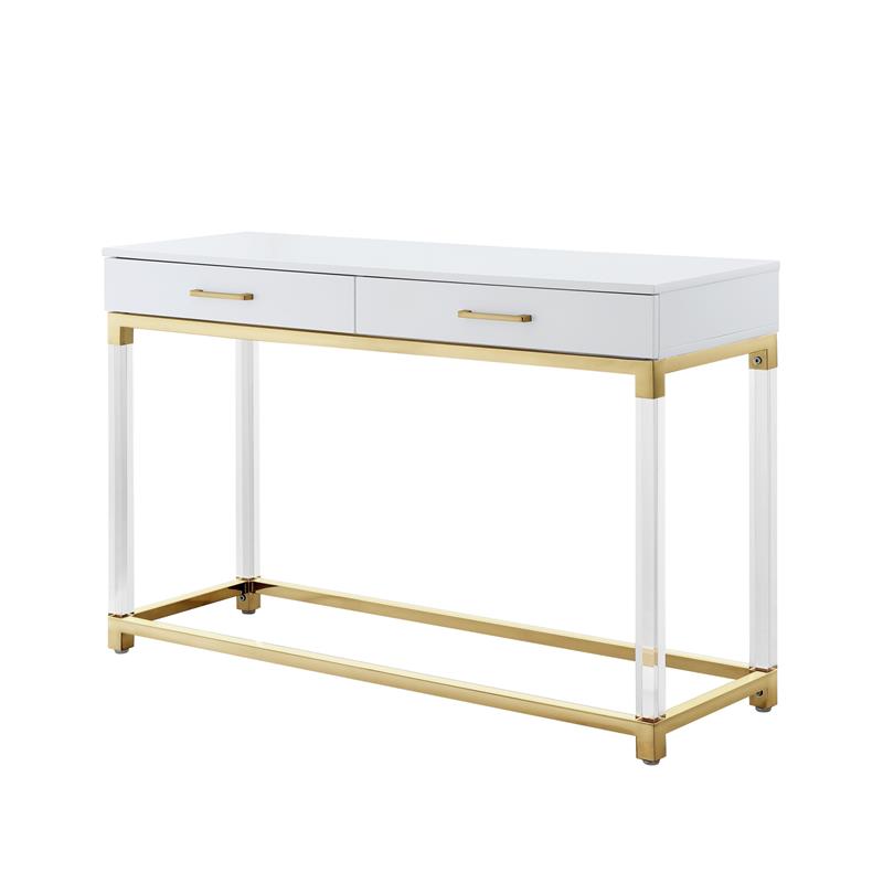 Posh Briar 2-Drawer Metal Console Table with Acrylic Legs in White/Gold