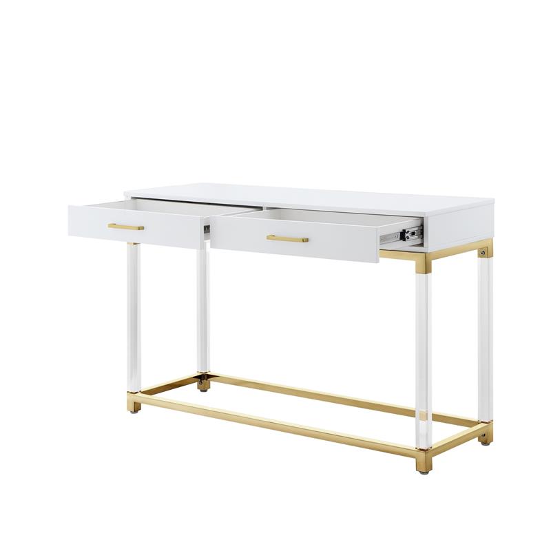Posh Briar 2-Drawer Metal Console Table with Acrylic Legs in White/Gold