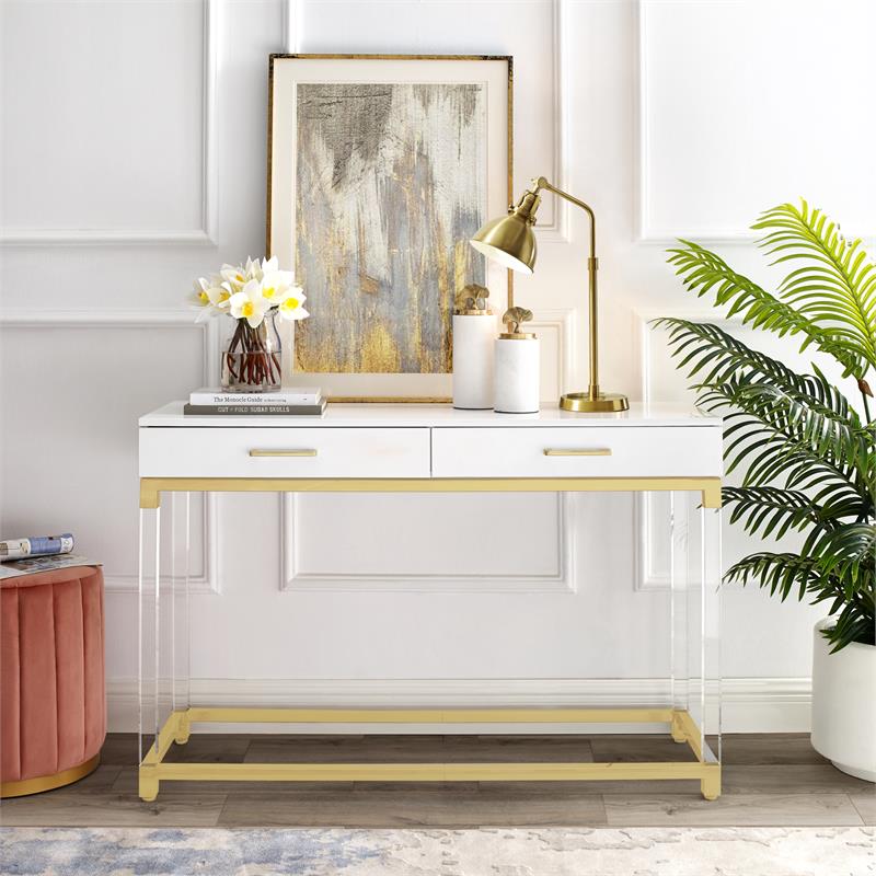 Posh Briar 2-Drawer Metal Console Table with Acrylic Legs in White/Gold