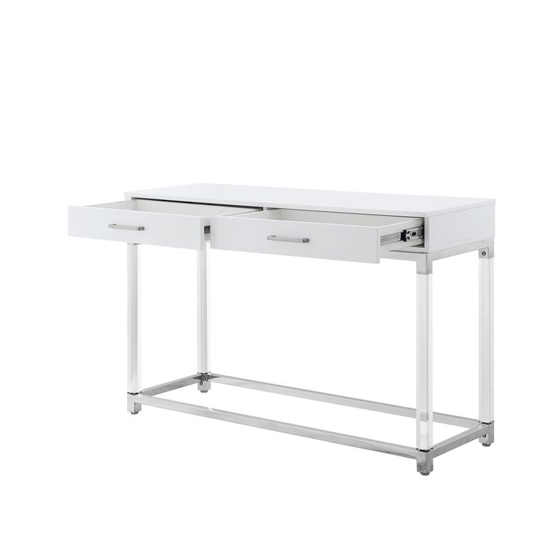 Posh Briar 2-Drawer Metal Console Table with Acrylic Legs in White/Chrome