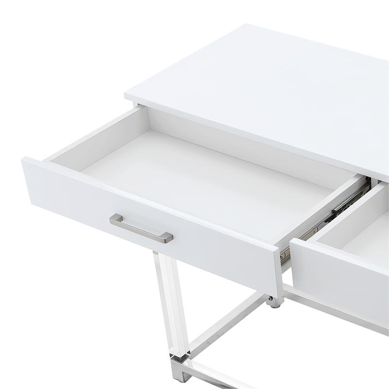 Posh Briar 2-Drawer Metal Console Table with Acrylic Legs in White/Chrome