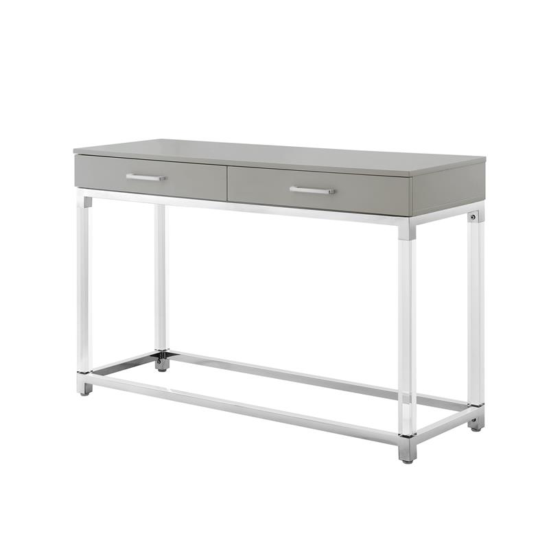 Posh Briar 2-Drawer Metal Console Table with Acrylic Legs in Light Gray/Chrome
