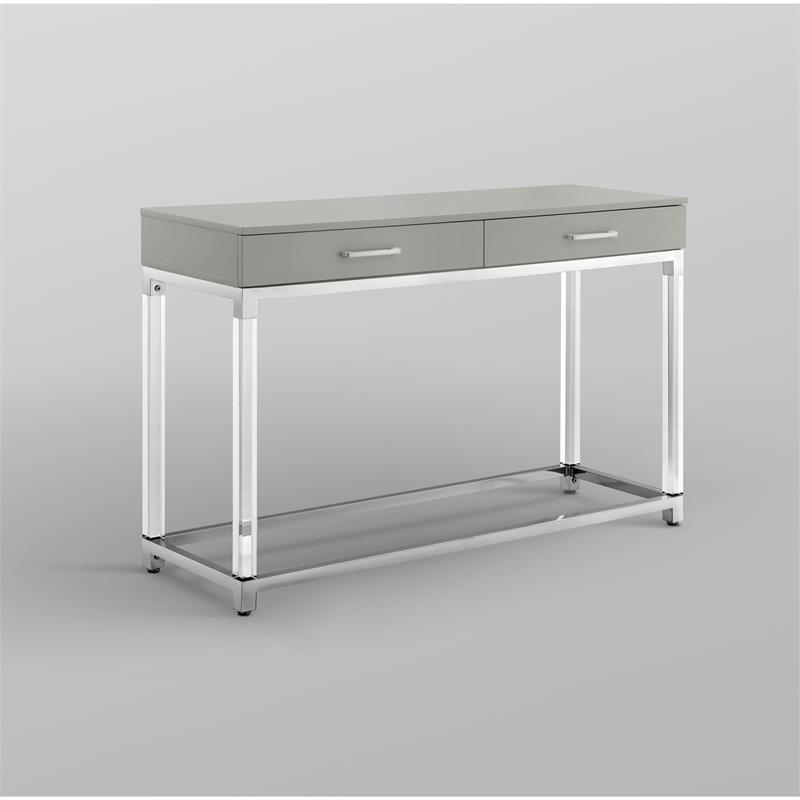 Posh Briar 2-Drawer Metal Console Table with Acrylic Legs in Light Gray/Chrome