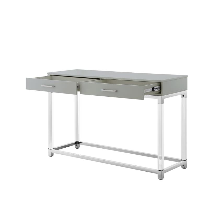 Posh Briar 2-Drawer Metal Console Table with Acrylic Legs in Light Gray/Chrome