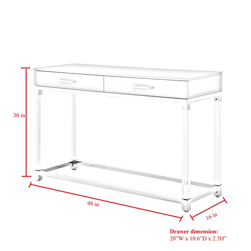 Posh Briar 2-Drawer Metal Console Table with Acrylic Legs in Light Gray/Chrome