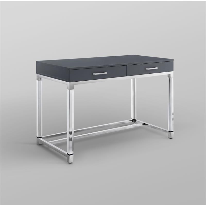 Posh Briar 2-Drawer Metal Writing Desk with Acrylic Legs in Dark Gray/Chrome