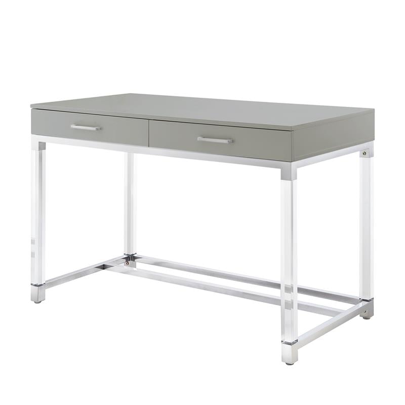 Posh Briar 2-Drawer Metal Writing Desk with Acrylic Legs in Light Gray/Chrome