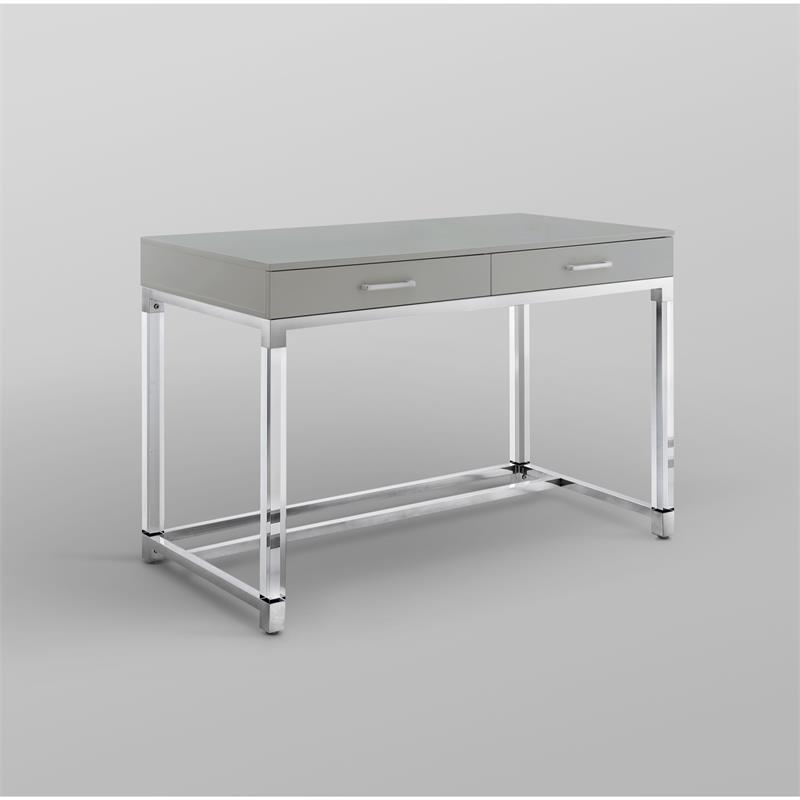 Posh Briar 2-Drawer Metal Writing Desk with Acrylic Legs in Light Gray/Chrome