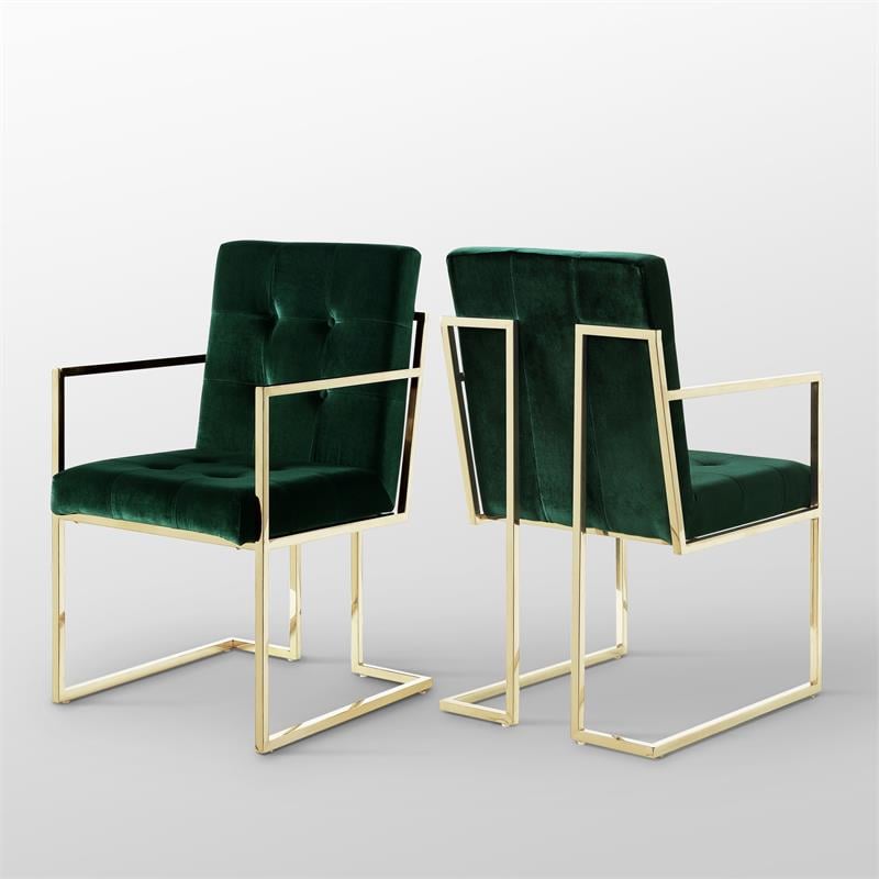Posh Living Evan Button Tufted Velvet Dining Chair Hunter Green/Gold (Set of 2)